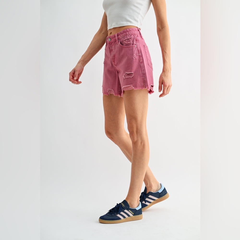 Wide Leg Distressed Boyfriend Midi Shorts - Mica - Picture 3 of 4
